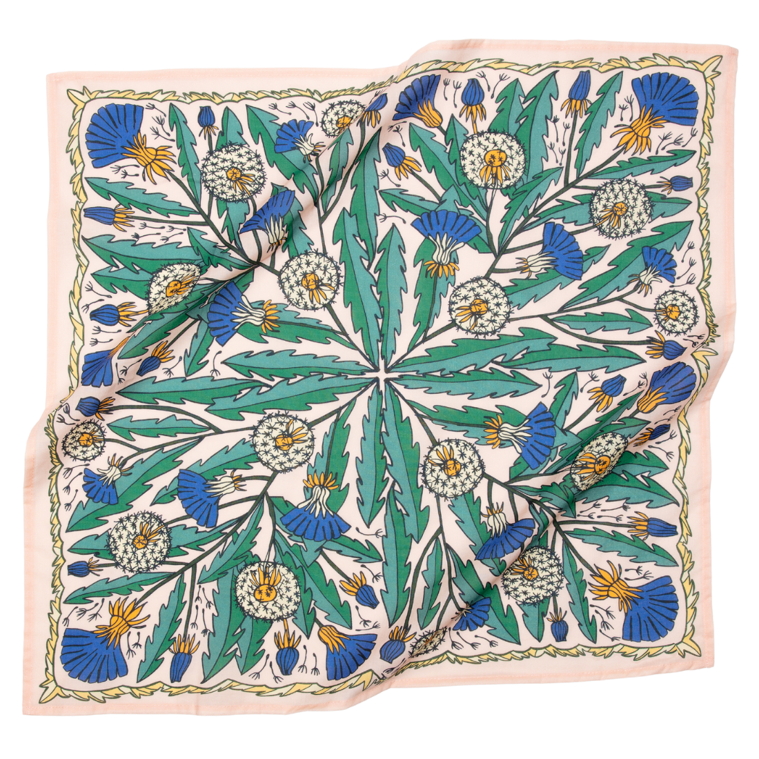 A multicolored bandana with a floral pattern, predominantly in shades of blue and green, laid out.
