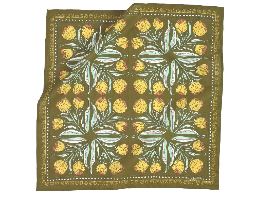 Green Floral patterned olive green bandana laying flat on a white background