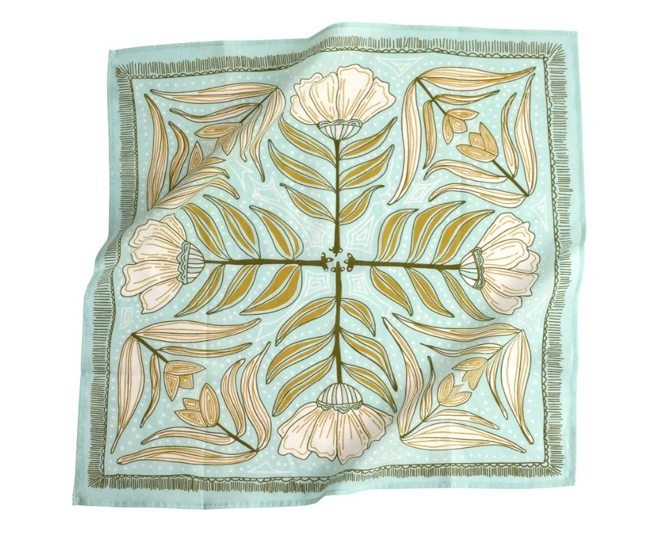 Floral patterned fabric square on a light blue background