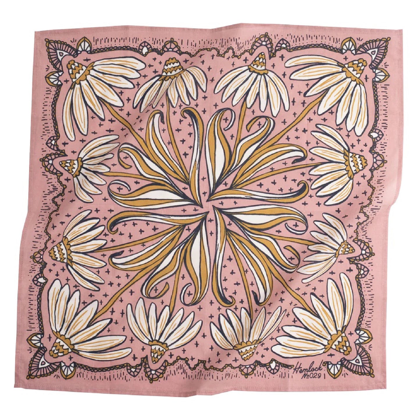 A multicolored bandana with a floral pattern, predominantly in shades of blue and green, laid out flat.
