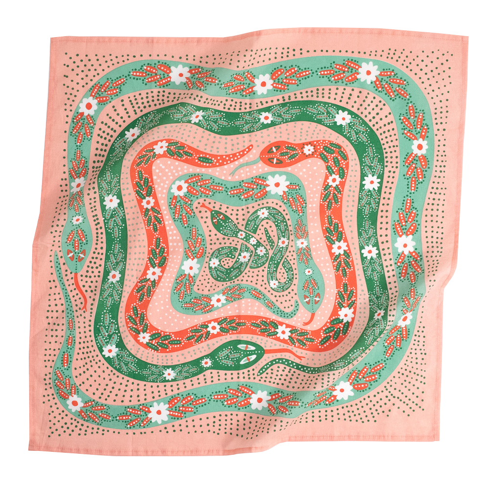 Decorative bandana with snake and floral pattern on a pink background