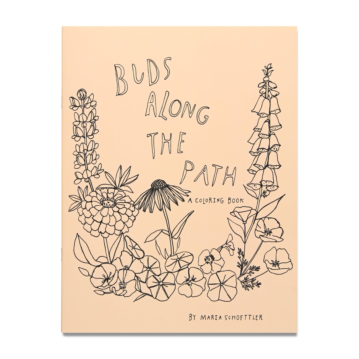 Cover of the 'Buds Along The Path' coloring book featuring illustrations of various flowers and the title text.