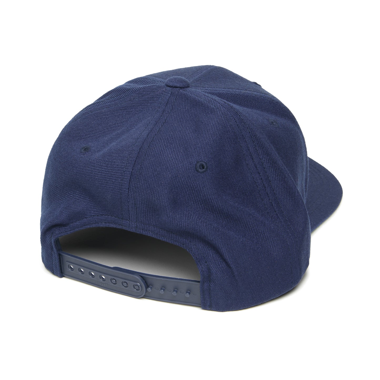 Photograph of navy blue hat with adjustable snap closure.