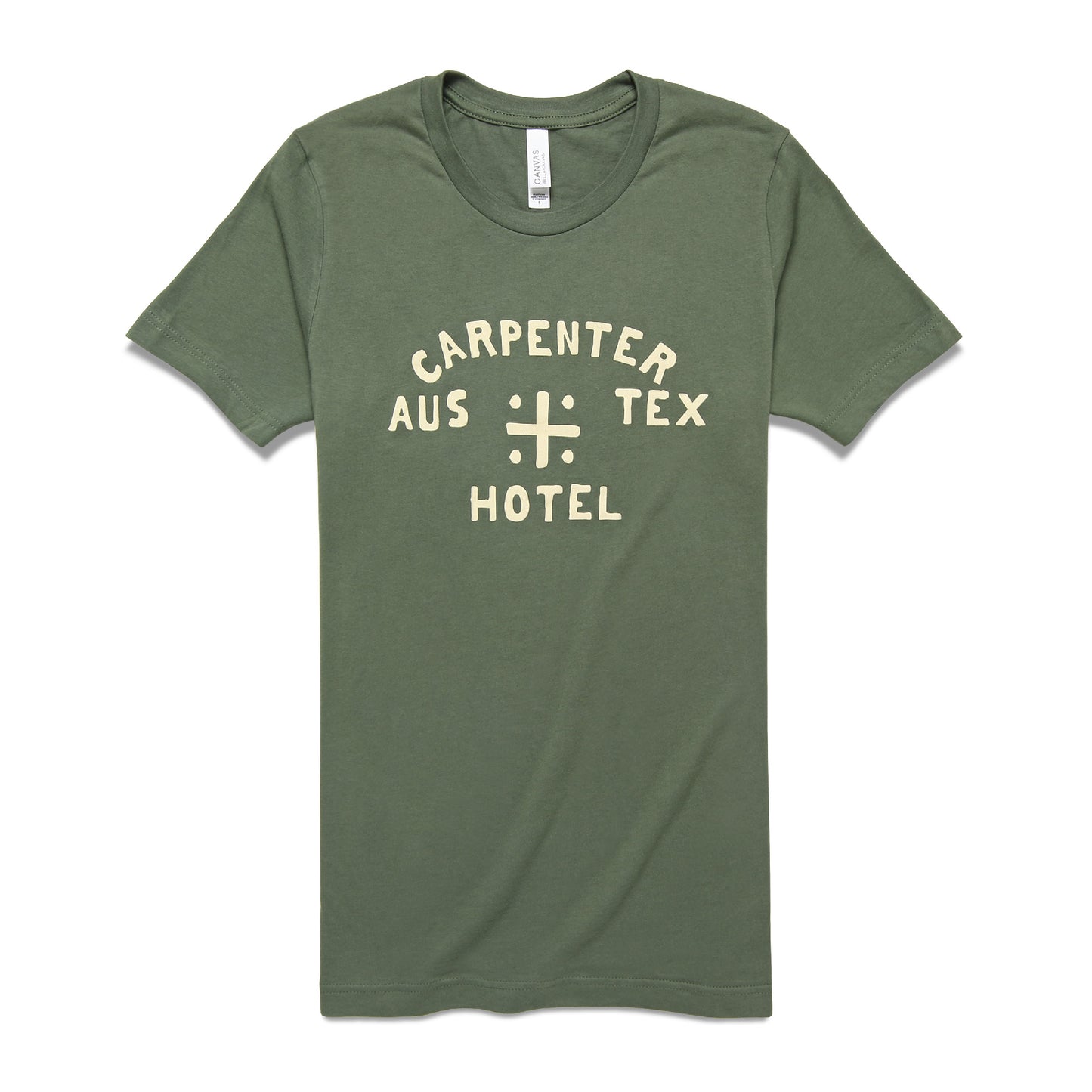 A green crew neck t-shirt with the text 'CARPENTER AUS TEX HOTEL' and logo printed on the front in cream.