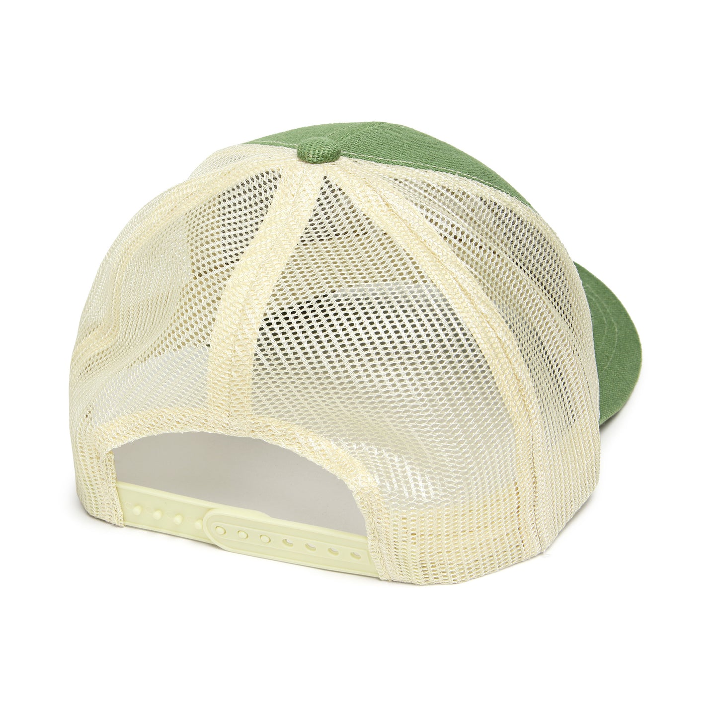 Product photo of back of trucker hat with green front and brim, beige mesh.