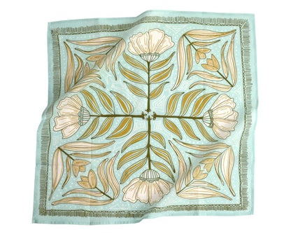 Floral patterned fabric square on a light blue background