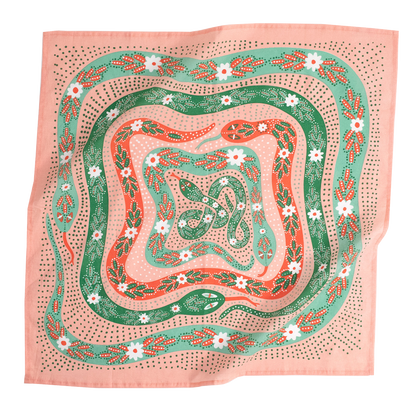 Decorative bandana with snake and floral pattern on a pink background