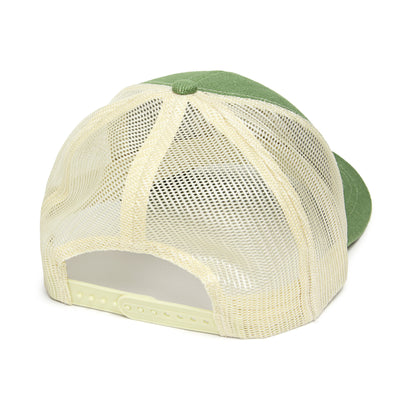 Product photo of back of trucker hat with green front and brim, beige mesh.